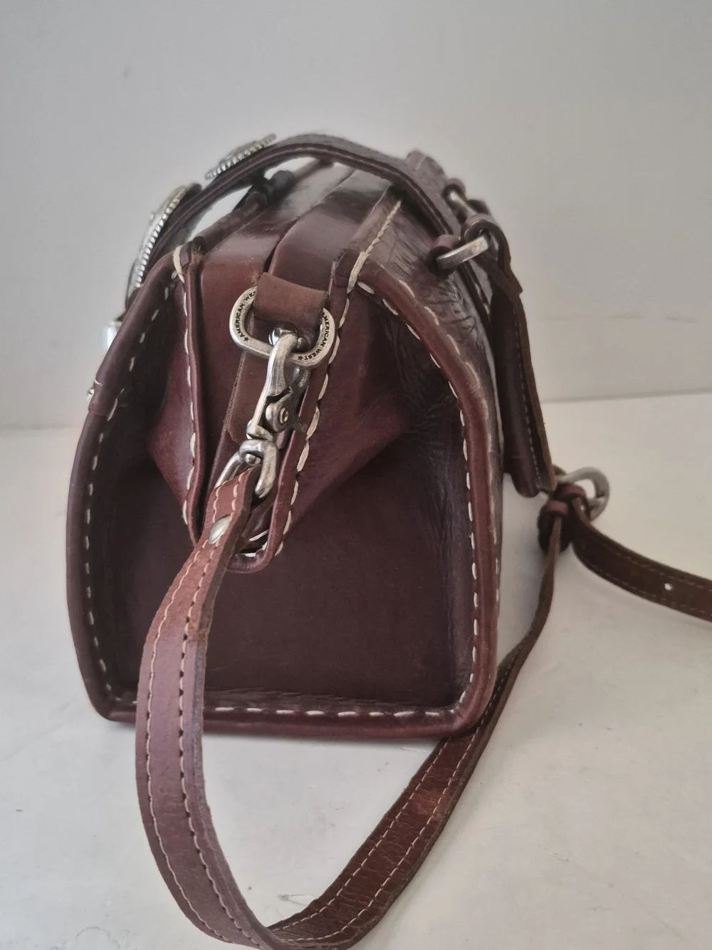 American West Red Rum Color Tooled Leather Handbag